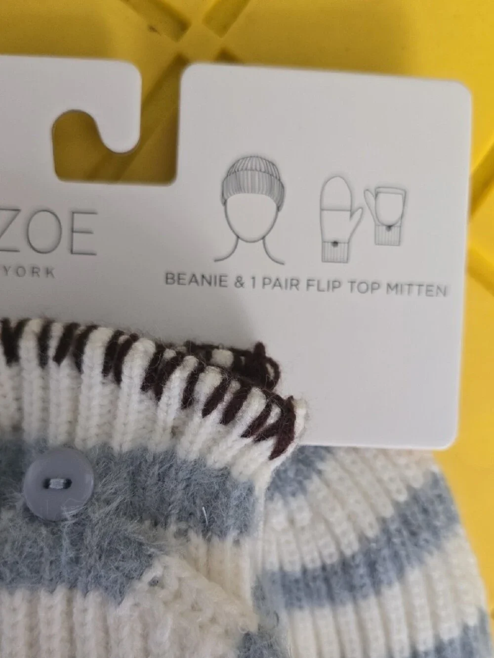 Rachel Zoe Cream and Light Blue Striped Beanie with Flip-Top Mittens